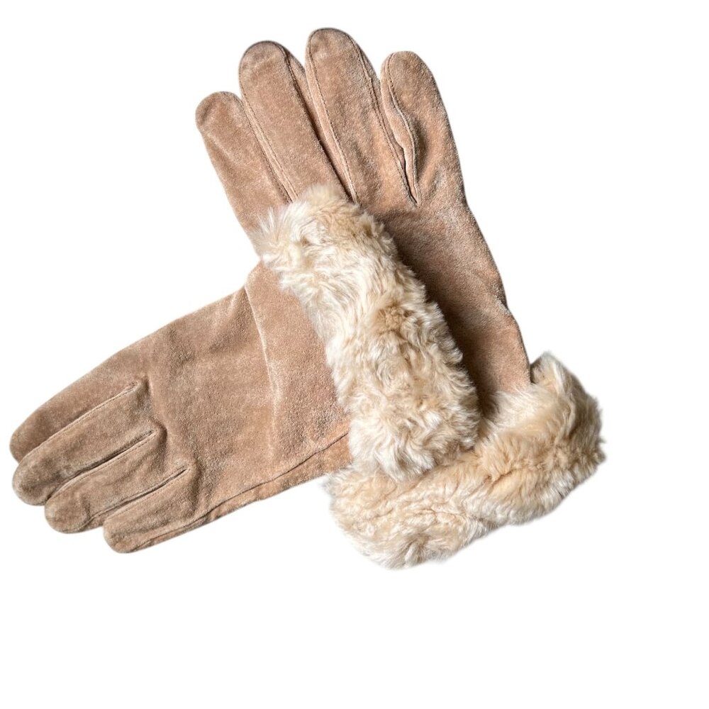 Wilsons Leather Womens Beige Tan Suede Gloves Faux Fur Cuff Size L Lined